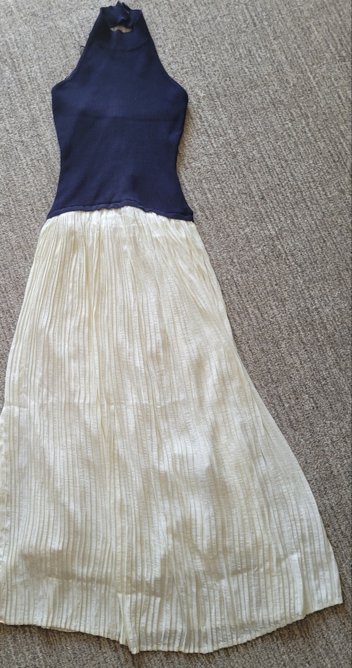New Moon River Navy Halter Top Maxi Dress with Cream Pleated Skirt